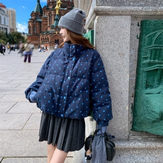 藏青色波点披肩立领白鸭绒羽绒服女冬新款小个子加厚减龄短款外套，女装羽绒服，2C321