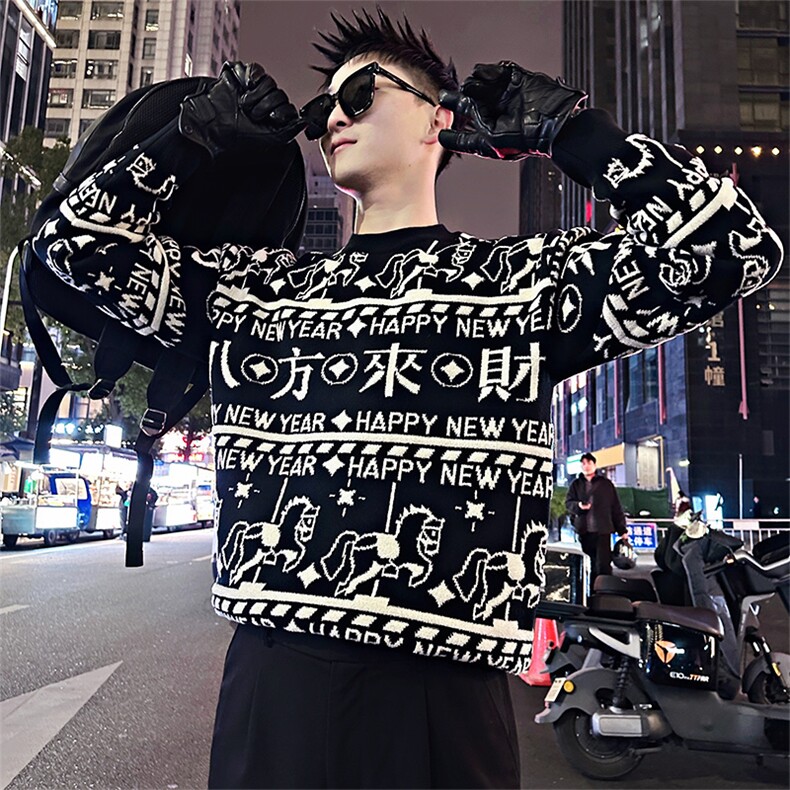 LV297/P88控118冬季潮提花马上来财针织套头毛衣男黑首1,男装针织衫/毛衣,星座305B