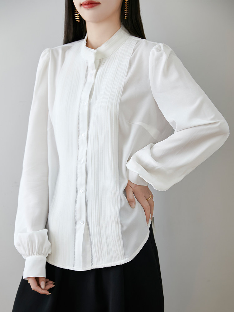 2025年春夏新款立领风琴袖衬衫，女装衬衫，巧奈羊绒