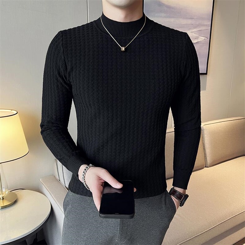 2024秋冬季新款修身暗花半高领毛衣针织打底衫男M15-p53，男装针织衫/毛衣，电商D303