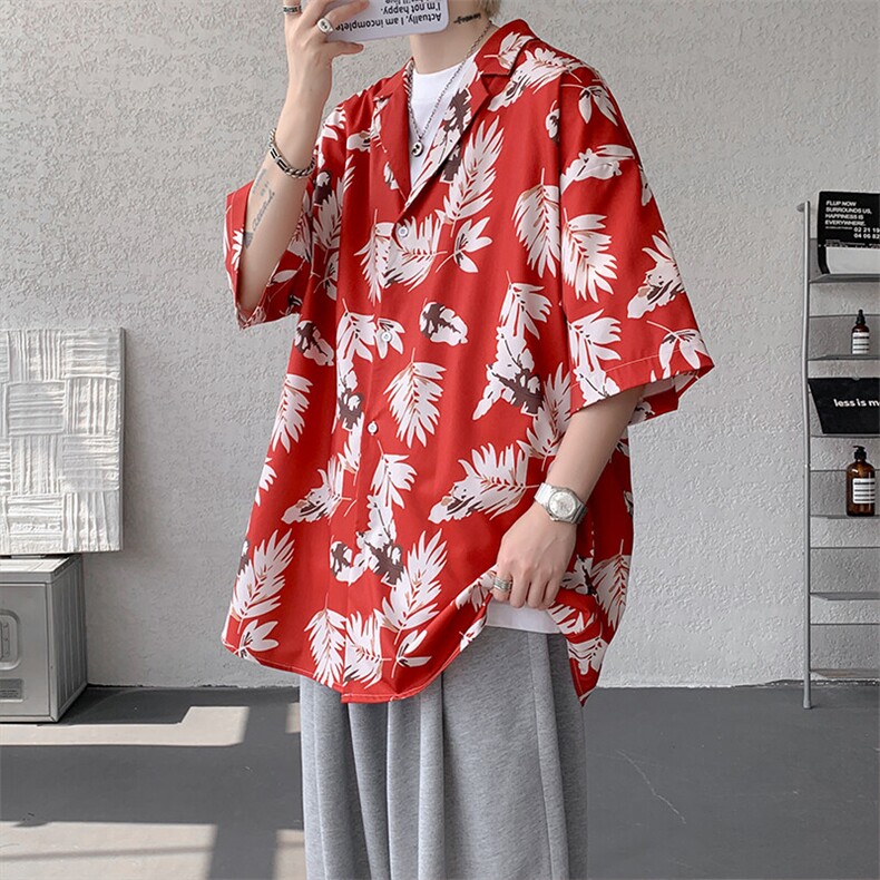 8XL-M 冰丝凉感衬衣垂感透气复古花纹宽松男五分袖短袖衬衫CS526图片