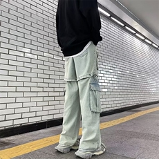 美式高街潮牌纽扣可拆卸做旧黄泥牛仔裤男小众设计感口袋长裤，男装牛仔裤，星座1013