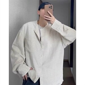 日系复古毛边长袖衬衫男士春秋休闲工装宽松打底衬衣 CS290图片