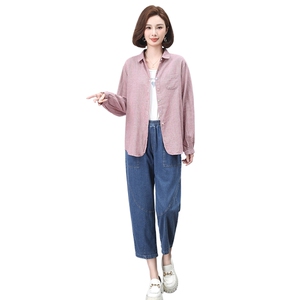 时尚休闲女装套装 粉色衬衫搭配牛仔裤 显瘦百搭两件套图片