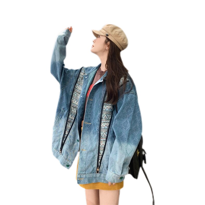 蓝色水洗拼接牛仔外套女美式复古oversize宽松设计感拉链工装夹克,女装短外套,2C123