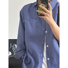 格子衬衫春夏美式蓝色格子衬衫港风情侣装休闲长袖衬衣CS276-P35，男装衬衫，星座301C-5