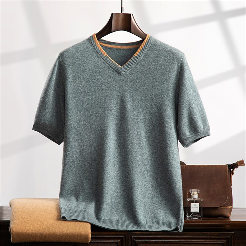 2024秋冬新款35%山羊绒男士套头V领撞色羊绒短袖，男装羊绒套衫，曼云男装羊绒