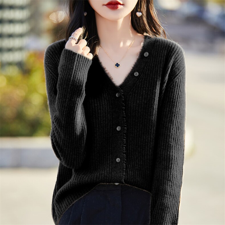 100%纯羊毛开衫女V领坑条流苏长袖针织衫外套毛衣宽松羊绒衫外搭图片