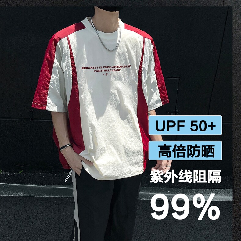 夏拼色设计轻薄UPF50+反光条短袖套头防晒衣男F30/P35控49-100涤图片