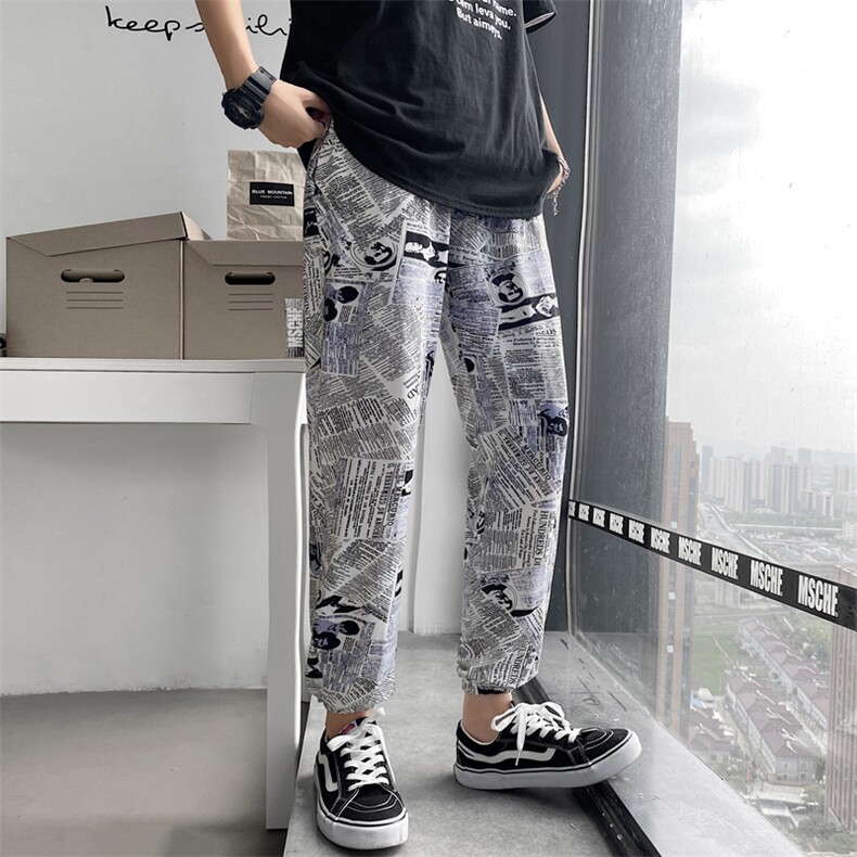港风夏款男束脚休闲裤报纸图案潮男九分裤h88,男装休闲裤,星座1013-1