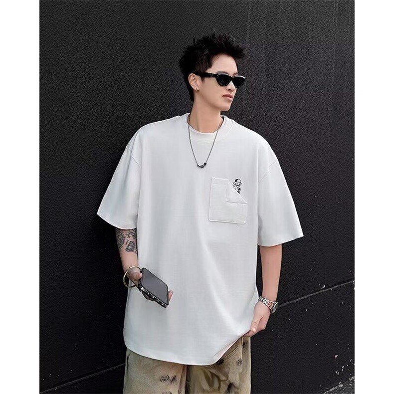 C507P33 ins美式青少年重磅印花T恤男夏季宽松口袋潮牌短袖上衣服图片