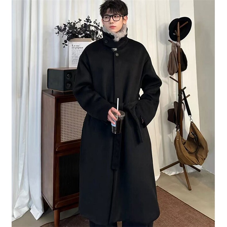 座山雕加棉毛呢大衣韩版宽松中长款可拆卸毛领呢子风衣-FY282P145,男装风衣,电商B289