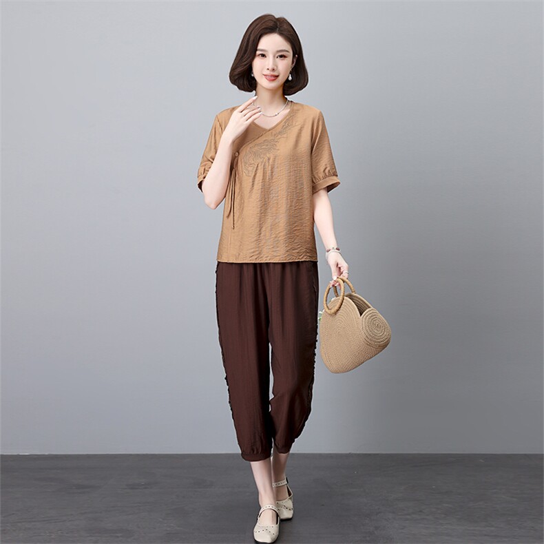 时尚优雅女装套装气质V领短袖上衣搭配宽松阔腿裤舒适百搭两件套，女装套装/套裙，叶笙衣