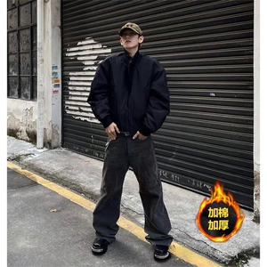 抖音得物 美式潮休闲夹克春季立领纯色复古工装加厚棉服外套MF01图片