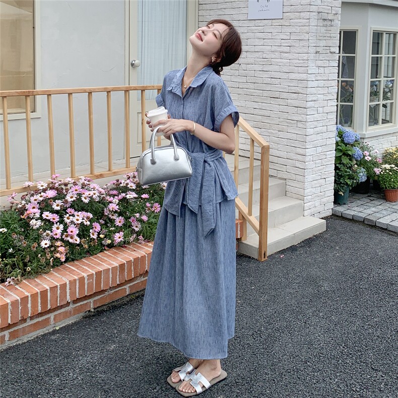蓝色韩系气质休闲套装裙女夏季2025新款超火短袖衬衫半身裙两件套,女装套装/套裙,2C159