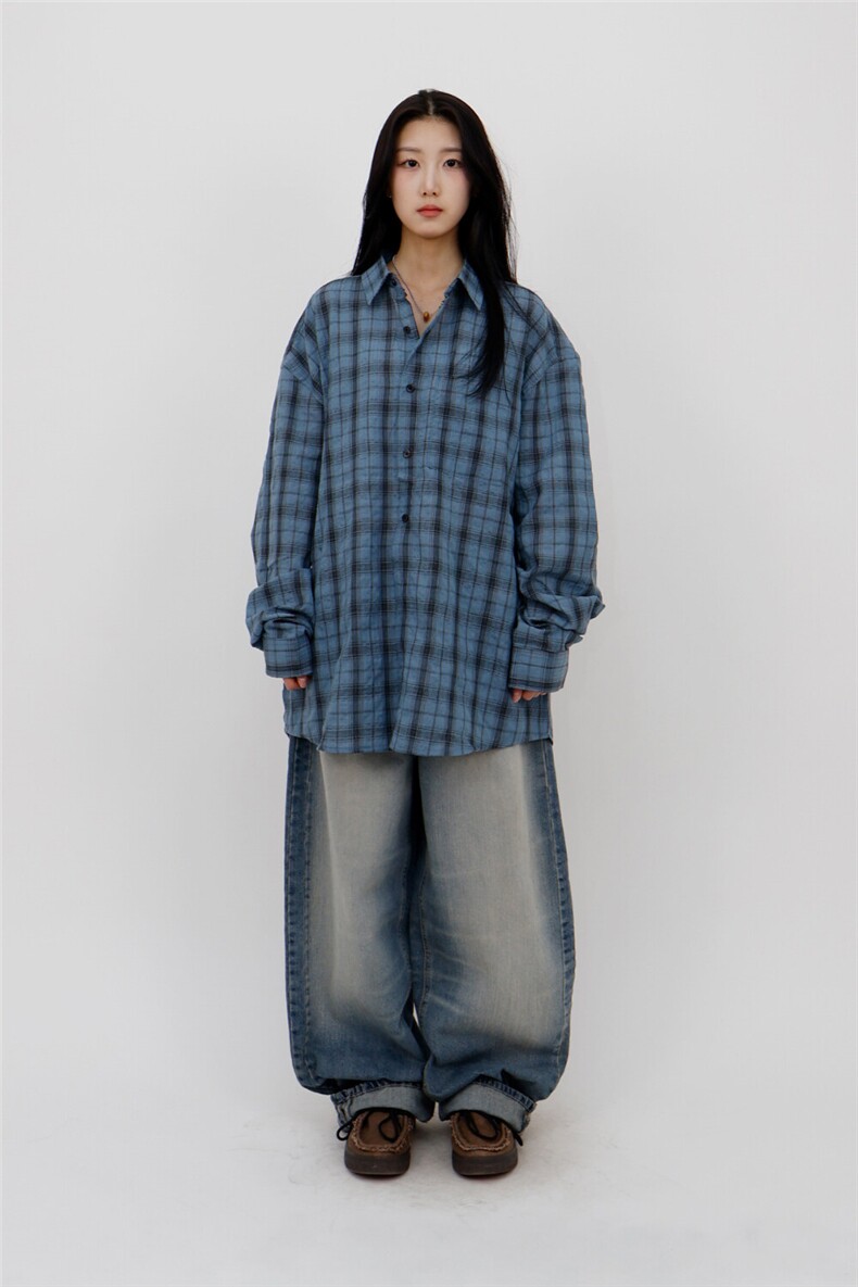 美式慵懒宽松格子长袖衬衫女新款百搭休闲衬衣潮828P50,女装衬衫,星座710