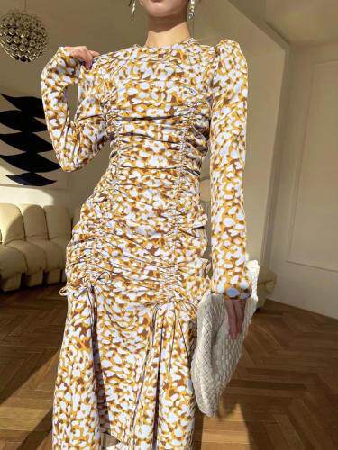 现货圆领褶皱印花长裙，其它，LION&CAT(2F)