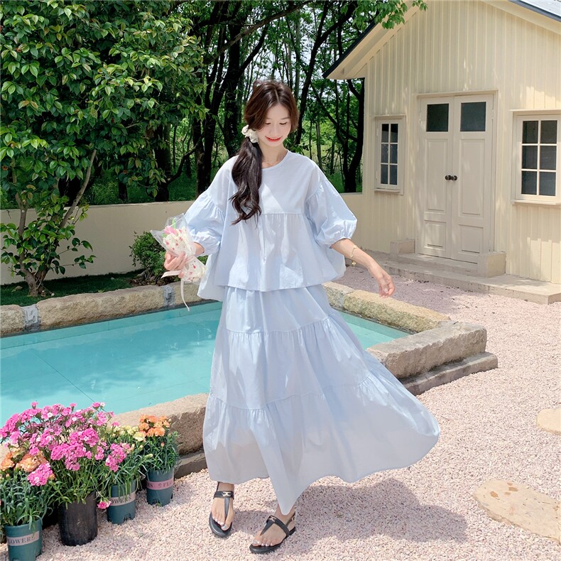 蓝色流行漂亮娃娃衫半身裙套装女夏2025新款独特绝美高级感两件套图片