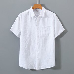舒适纯亚麻衬衫男士短袖夏季麻料衣服潮流行复古休闲薄款衬衣图片