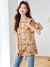 新中式人丝印花国风衬衫女薄2025夏季新款气质衬衫T恤休闲一整套，女装衬衫，新依时派