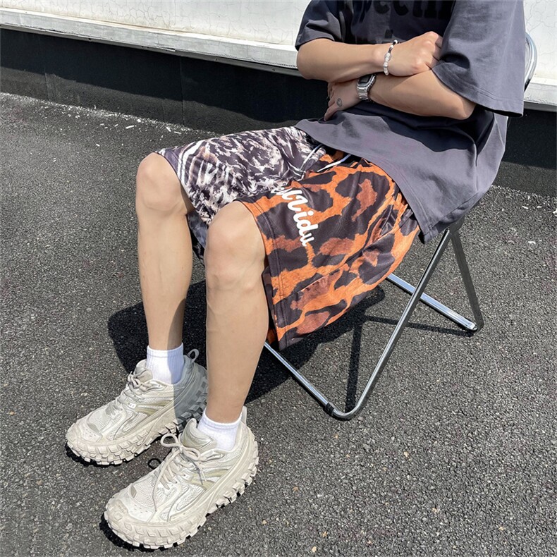 夏款男短裤网眼豹纹拼色字母印花五分裤卫裤D127P28,男装休闲裤,星座1013-1