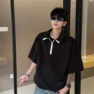 男士夏季冰丝凉感透气短袖衬衫美式青春拼色拼接设计感衬衫T恤图片