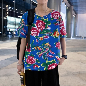 HT203 夏季男士休闲东北大花民族风牡丹花圆领短袖T恤青少年大码图片