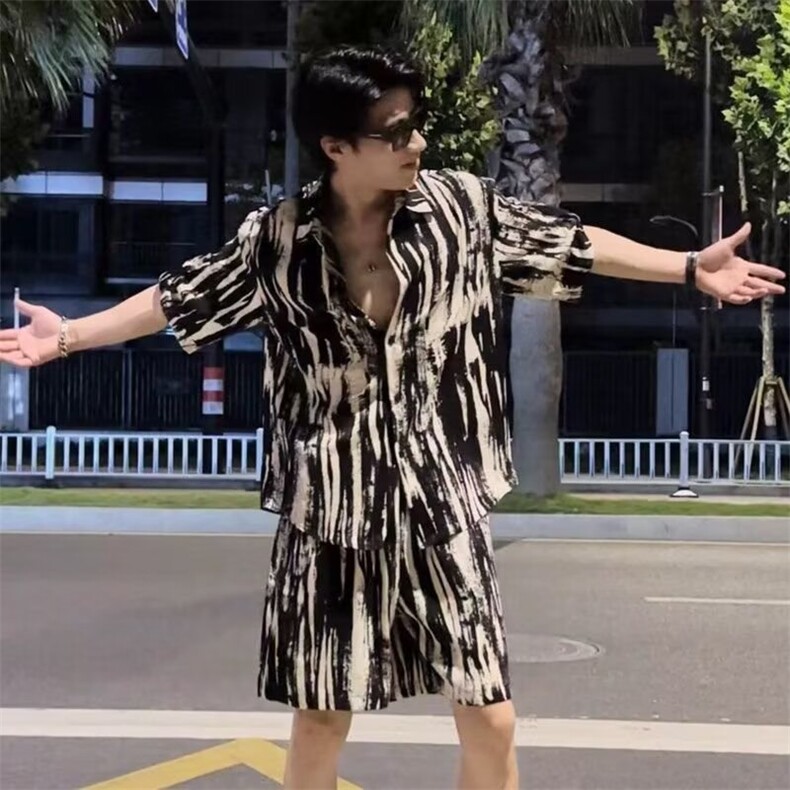 夏威夷度假休闲宽松痞帅套装夏季泰式短袖花衬衣情侣装短裤两件套，男装休闲套装，星座506A