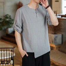 风夏盘扣宽松短袖休闲T恤男汉服大码七分袖上衣男M139P40,男装T恤,钱塘788(原4013)