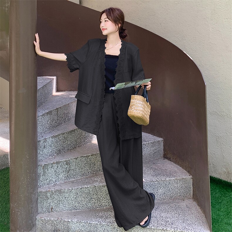 韩系蕾丝花边拼接短袖外套阔腿裤两件套女夏季新款时尚休闲套装潮,女装套装/套裙,2C255