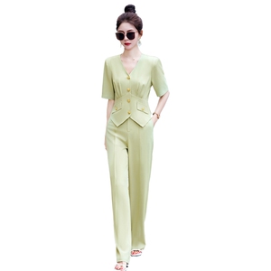 短袖西装阔腿裤两件套女2025夏新款洋气减龄气质干练职业西服套装图片