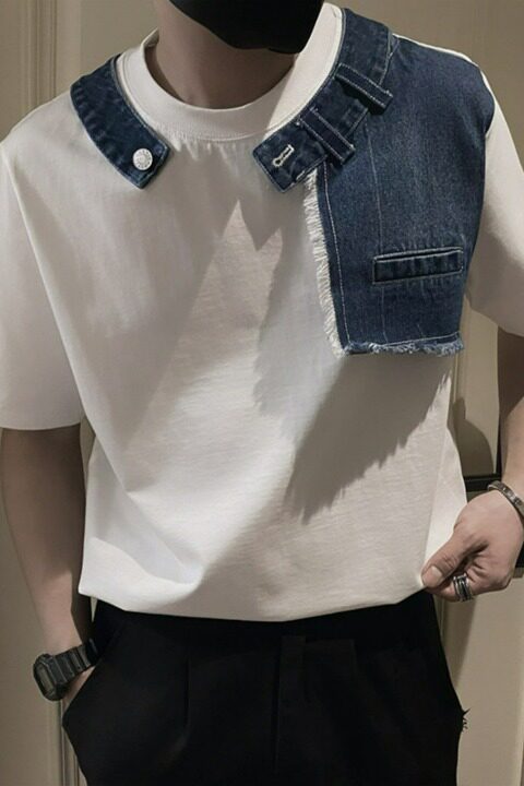 牛仔拼接t恤男款夏季设计感中袖美式发型师穿搭潮流短袖,男装T恤,星座218-1（原230）