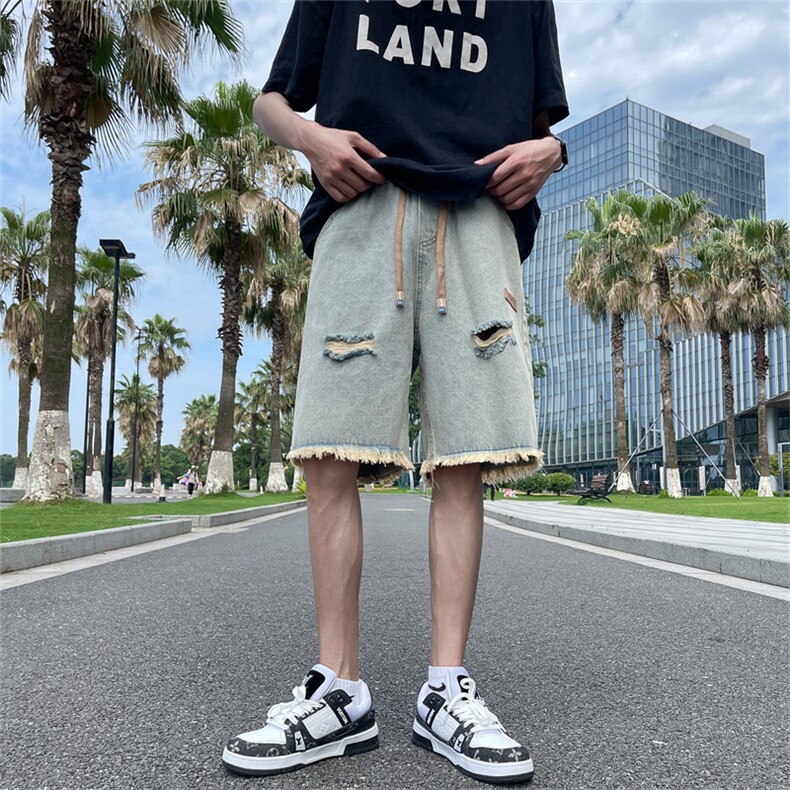 破洞牛仔短裤男夏季美式复古水洗毛边五分裤潮vibe裤子D9122-p30图片