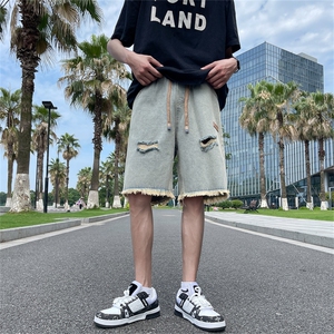 破洞牛仔短裤男夏季美式复古水洗毛边五分裤潮vibe裤子D9122-p30图片