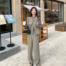 灰色小香风三件套女2025春新款名媛轻奢烫钻马甲打底衫气质阔腿裤，女装套装/套裙，2C272