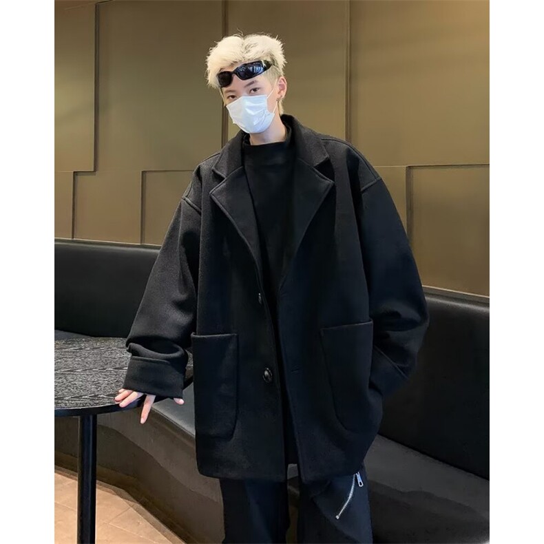纯色中长款毛呢风衣男装百搭高级感休闲黑色呢子西装英伦外套1180,男装毛呢大衣,星座506