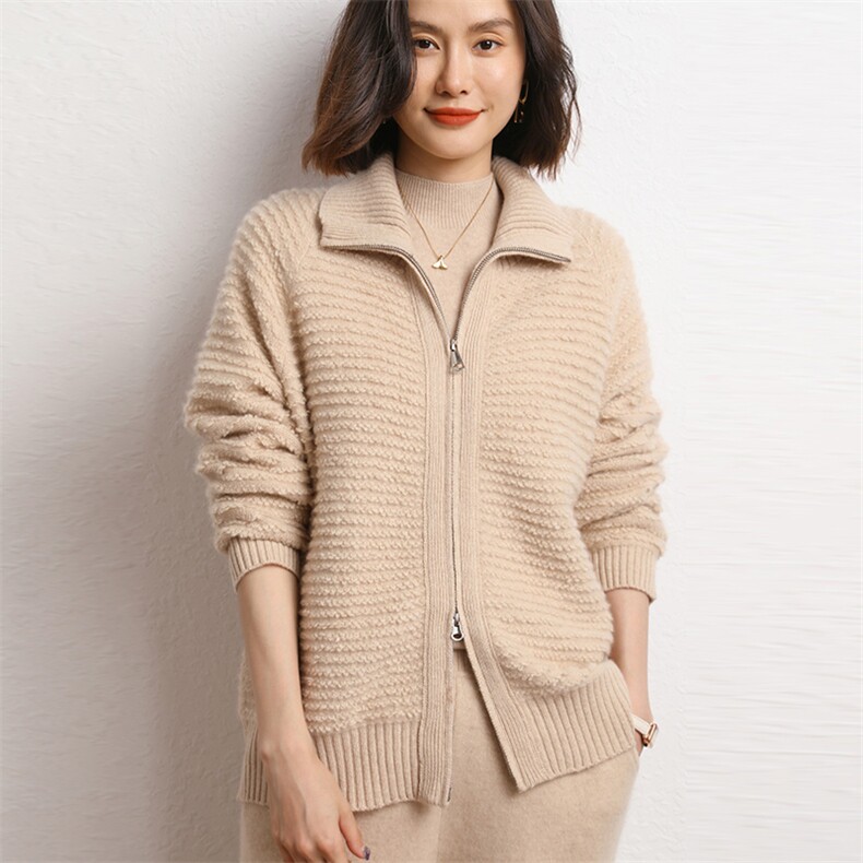 2024年秋季时尚潮流百搭拉链开衫长袖纯色通勤羊绒衫,女装羊绒衫,五色羊羊绒