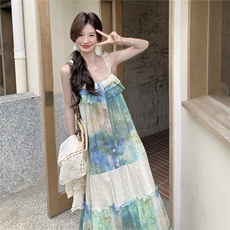 【夏日】度假风吊带碎花长款连衣裙+防晒开衫A236-P185-k275，女装套装/套裙，2D148