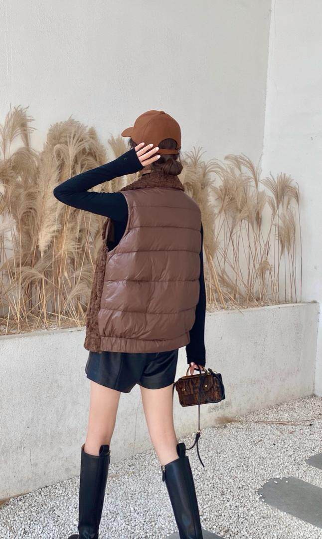 皮毛拼羽绒马甲，女装马甲，微迪菲