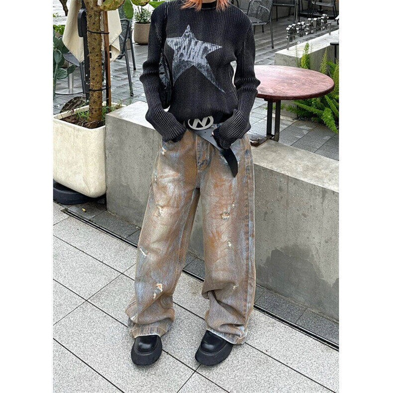 现货美式高街磨破做旧宽松vintage废土风扎染牛仔裤子WL8070-P53，男装牛仔裤，星座1008