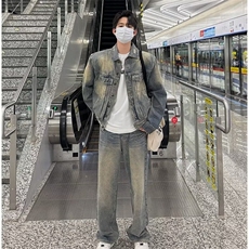 复古水洗做旧牛仔外套男秋季潮流潮牌百搭宽松休闲夹克上衣男，男装工装外套，星座1210-1