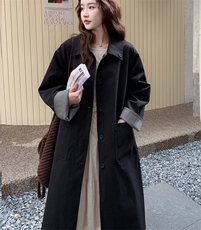 韩系宽松大衣黑色翻领中长款风衣外套女秋季，女装风衣，2B110
