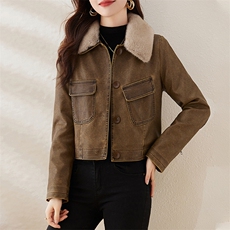复古磨砂加绒小皮衣女修身短款2023冬季新款配毛领机车服pu皮夹克，女装皮衣，潮流依族