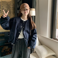 韩版藏青色休闲工装外套女2025春秋新款小个子宽松减龄设计感夹克，女装短外套，2C239