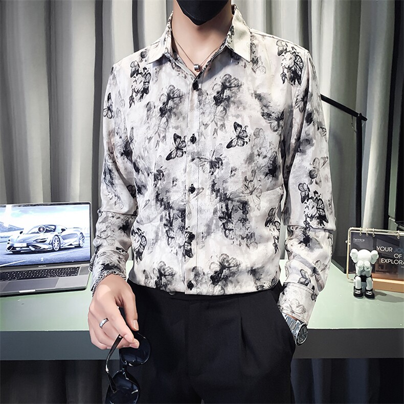 B216 CS8312 P55 2025秋装新款男士印花长袖衬衫 社会小伙风图片