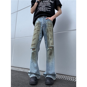 破洞牛仔裤男士韩版潮流高街帅气涂鸦2024夏季ins长裤RK1827-P49图片