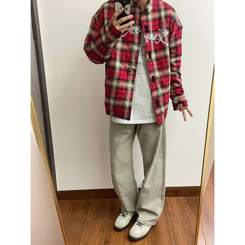 cleanfit红色格子衬衫男款美式复古刺绣长袖衬衣外套CS18-P45图片