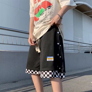 夏季潮牌五分裤棋盘格设计休闲宽松运动裤假两件短裤男 K3257-P32图片