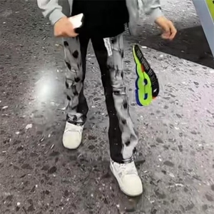 美式高街涂鸦泼墨微喇弹力牛仔裤男款潮牌欧美修身显瘦百搭长裤子图片