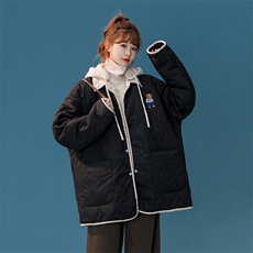 1中性风灯芯绒拼接假两件葫芦型小熊连帽棉衣女8713P135控168，女装棉衣/棉服，星座226-2